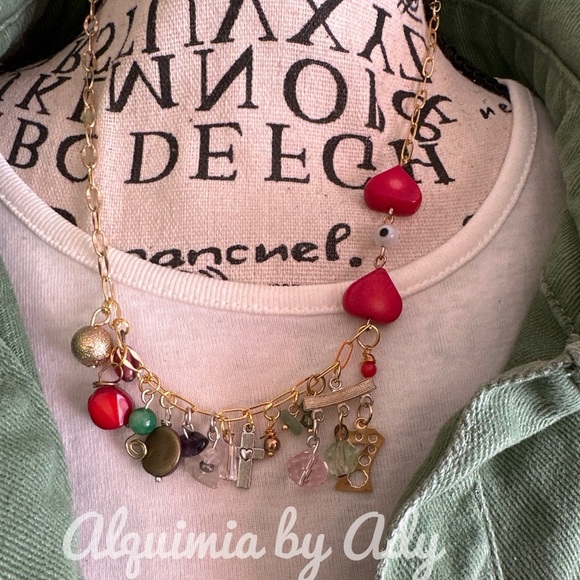 Evil’s eye vintage coral gold link adjustable necklace paperclip chain bohemian